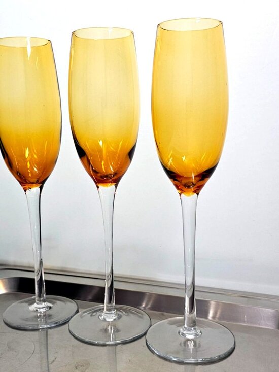 3 Vintage Amber Champagne Flutes Glasses 9.75" toasting winter fall parties - Picture 2 of 6